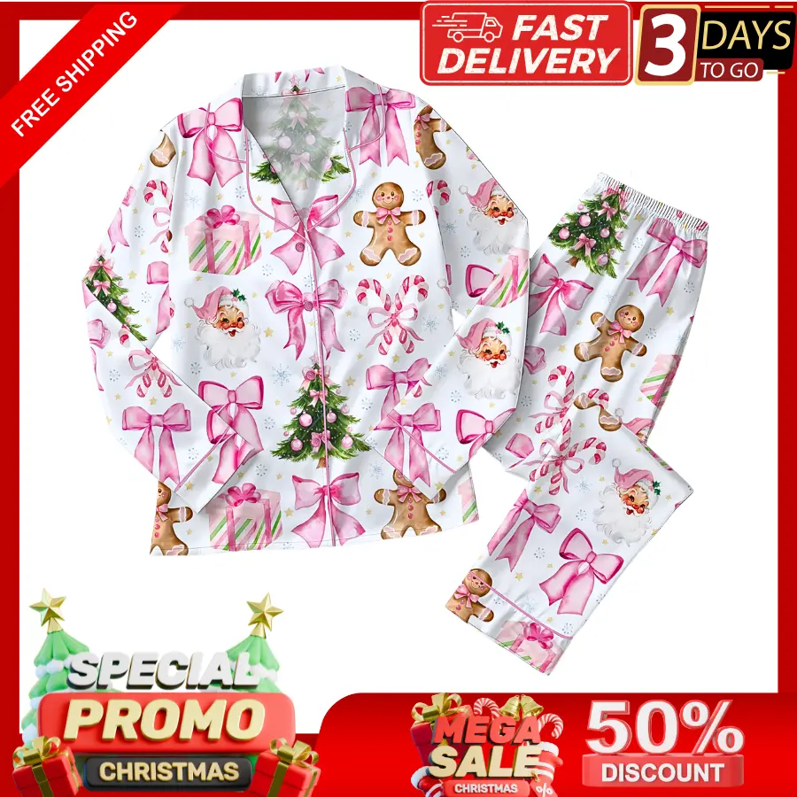 Coquette Christmas Candy Pajama Set, Cane Pink Bows Santa Christmas Tree Short Sleeve Satin Pajama Set, Pajama Nightwear Set for Her Women
