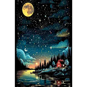 1PCS Moonlit Night Diamond Painting Kit with Starry Sky Lake Cabin Landscape DIY Craft for Home Decor