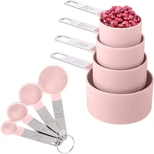 8 Pieces Measuring Cups and Spoons Set / Nesting Measuring Cups with Stainless Steel Handle / for Dry and Liquid Ingredient (Light pink) Kitchen Plastic