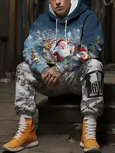 Men's Christmas Graphic Hoodie, Santa & Reindeer Print Pullover with Pocket, Winter Warm, Casual Holiday Party Wear