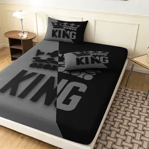King Crown Letter Fitted Sheet Set 3 Pieces, Black Grey Split Color Bedding with 2 Pillowcases, Soft Microfiber Deep Pocket Bed Sheet for Men Bedroom Decor (Pillow Not Included) For All Season