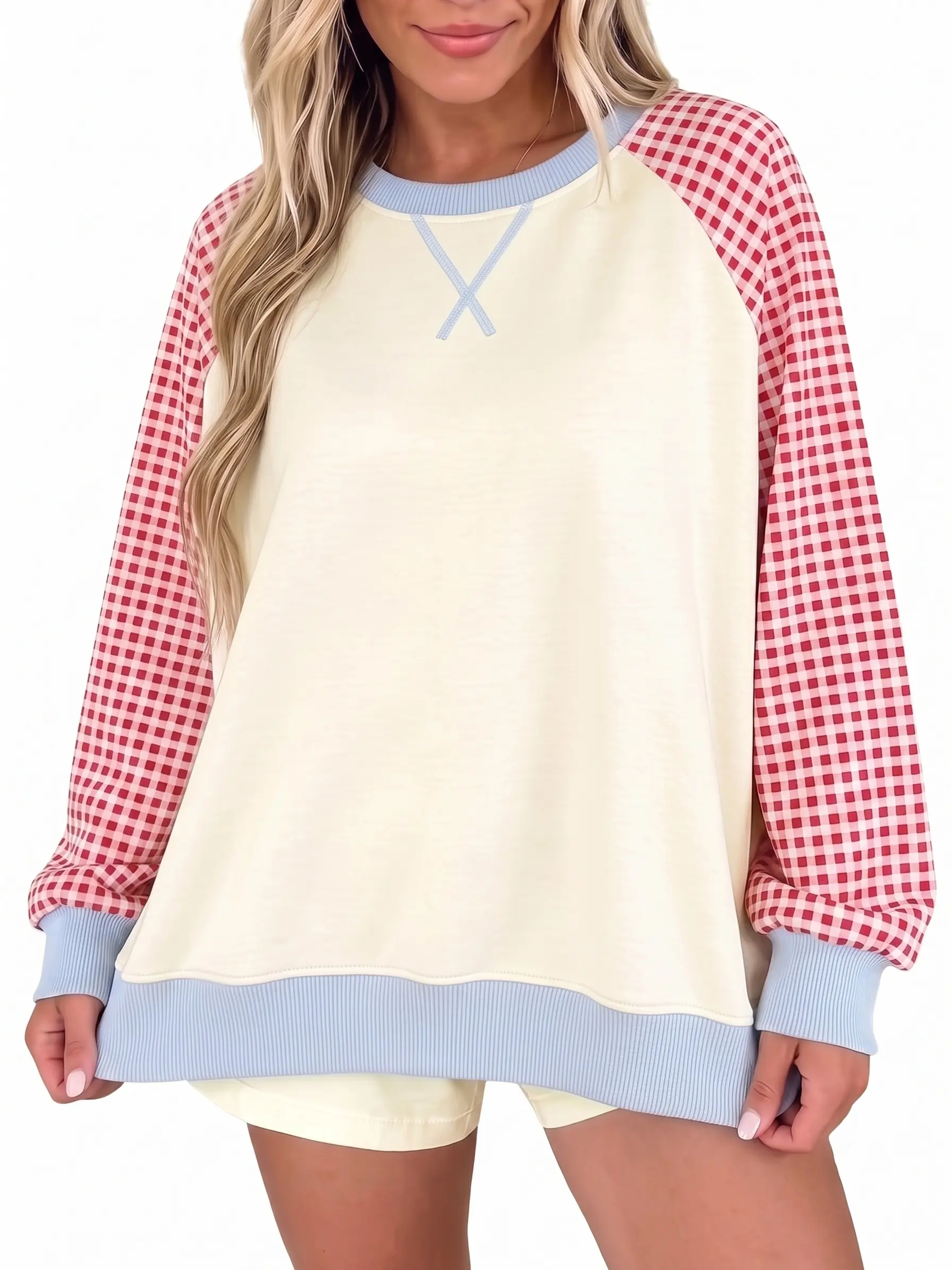 Women's Colorblock Raglan Sweatshirt Plaid Long Sleeve Crewneck Pullover Tops Casual Loose Fit Shirts