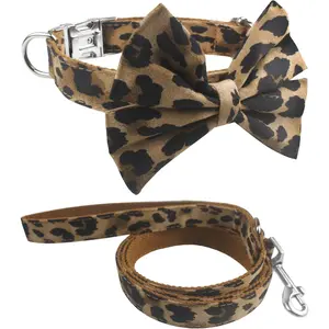 Soft Comfortable Adjustable Leopard Print Pet Collar with Bowtie, Heavy Duty Dog Collar and Leash Set for Small Medium Large Dogs Cats, Puppy Grooming Doggy Accessories, Length 12"-16"