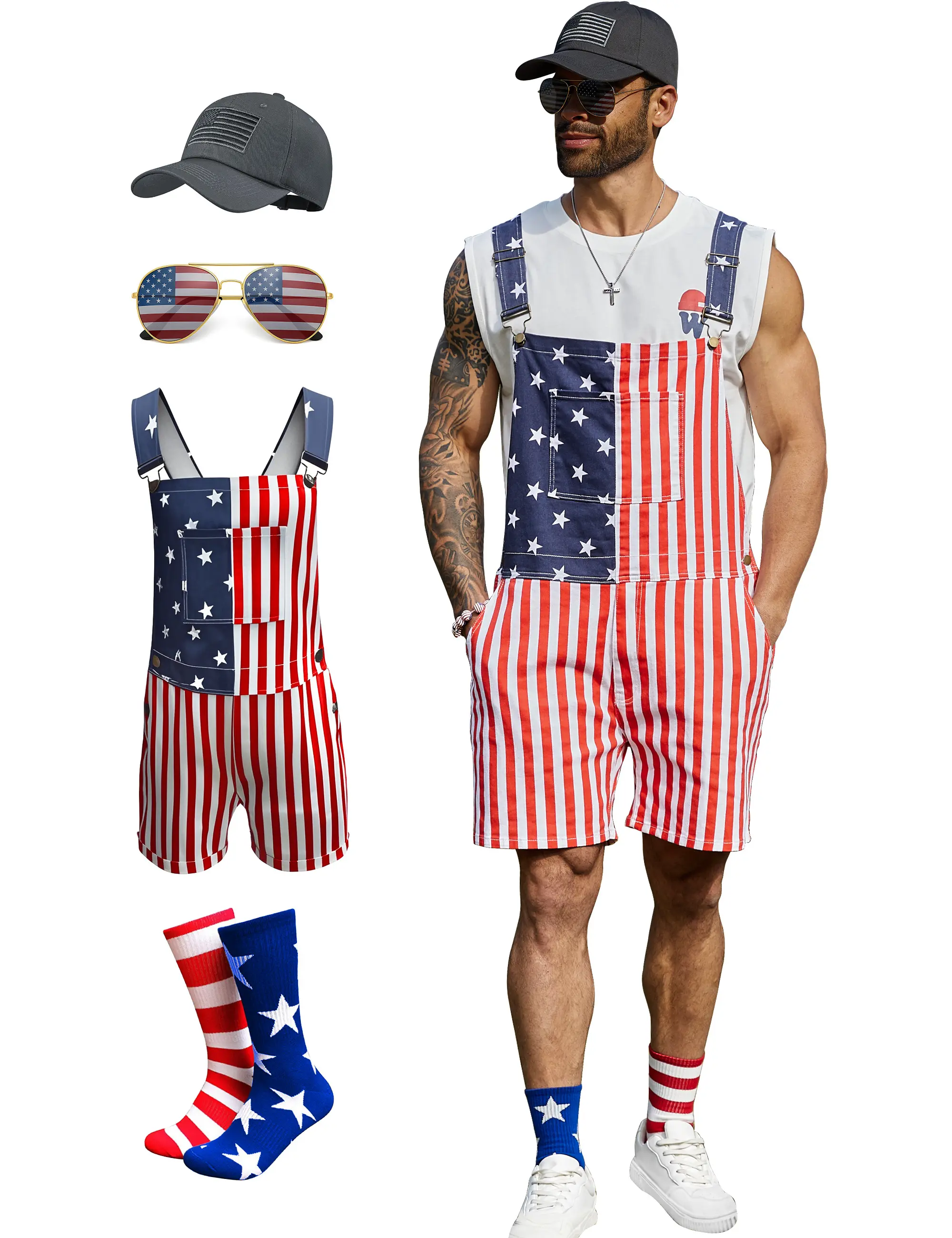 Yuanbang American Flag Overalls Men,Eagle USA Hat,4th of July Socks,Patriotic Sunglasses,4 Pcs for Memorial Labor Day