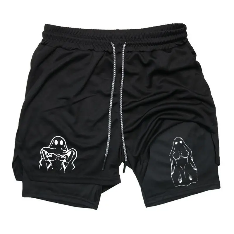 Halloween Ghost Men's Streetwear 2-in-1 Shorts Sweat Shorts with Funny Ghost Graphic Print Drawstring Waist Casual Summer Shorts for Men Trendy Drip Clothing