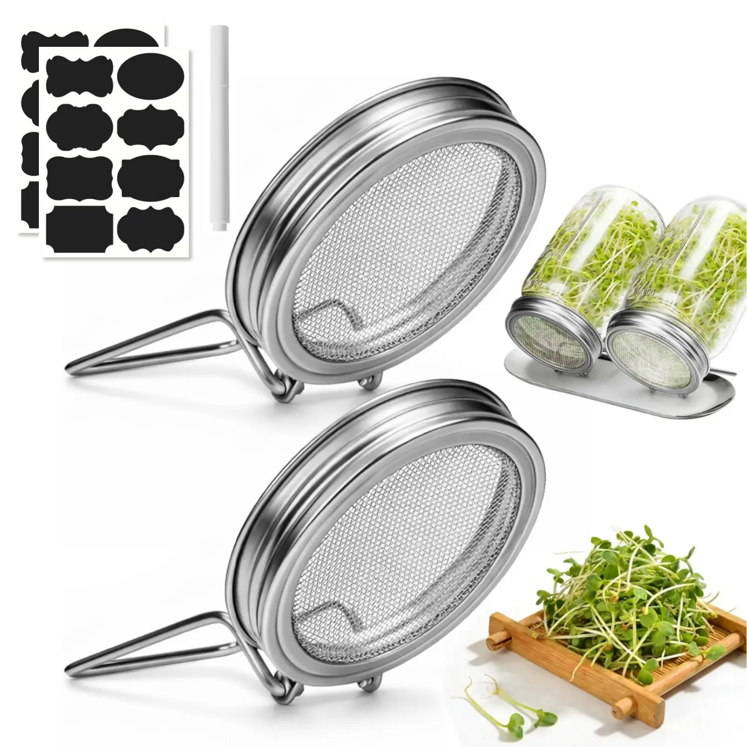 2PCS Sprouting Lids for Wide Mouth Mason Jars, Reusable Stainless Steel Screen Bean Sprouts Growing Lid for Organic Alfalfa Broccoli Seeds Mung Bean Plant Germination Kits, NO Including Mason Jars