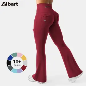 AIbart Women’s fitness leggings with slight flare and pockets; high-waisted cargo yoga pants with hidden ruching; frontless slight-flare athletic sweatpants; camouflage fitness long pants. Fabric: 82% polyester + 18% spandex. SummerWins.