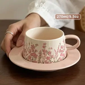 Vintage French Style Pink Floral Tea Cup with Saucer, 9.5oz Aesthetic Ceramic Mug for Coffee Lovers, Cute Room Decor, Perfect Birthday Gift, Tea Cup and Saucer Set, Drinkware