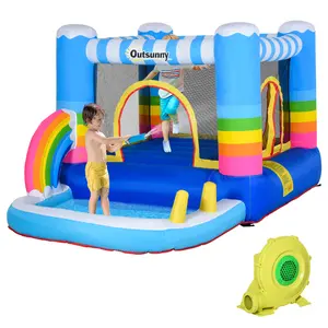 Inflatable Bounce Castle with Blower for Kids,Blow Up Jumping Bouncer with Slide,Outsunny Inflatable Bounce House for Kids 2-in-1 Jumping Castle for Indoor Outdoor Party with Trampoline, Pool, Carry Bag & Air Blower