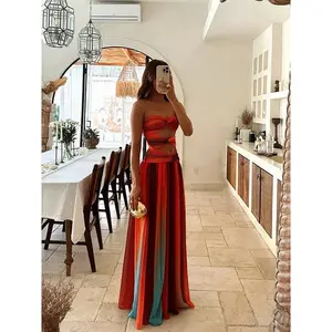 Fashion Gradient Print Hollow Out Maxi Dress Women Sexy Strapless Backless Pleated Long Robes 2025 Beach Vocation Party Dresses