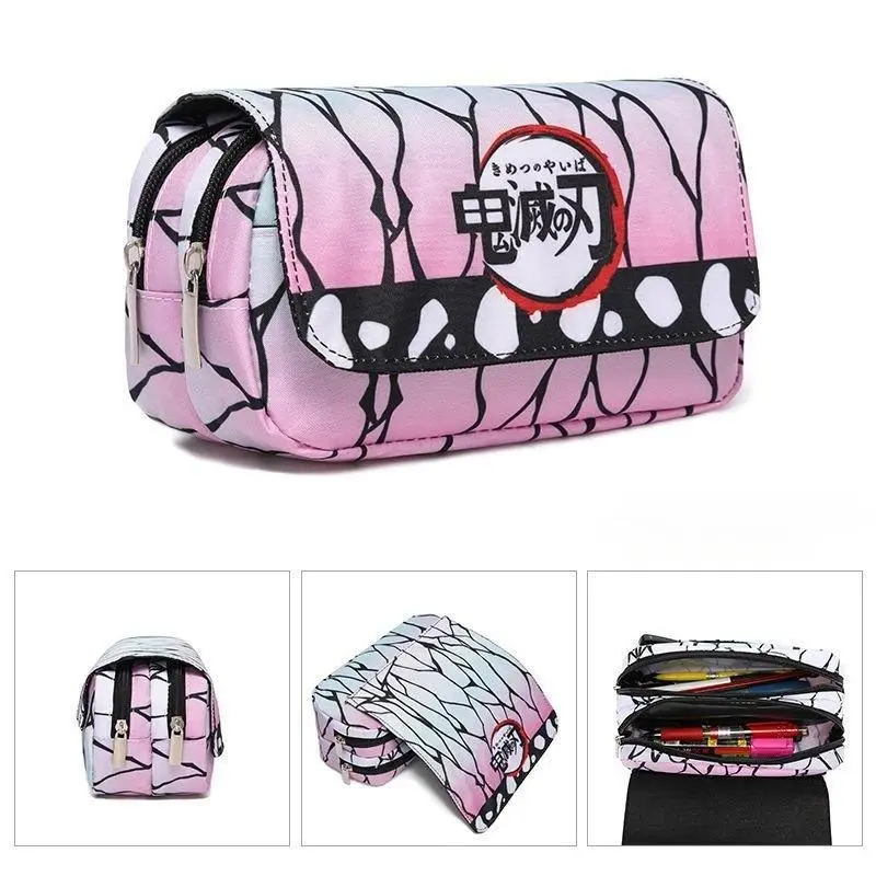 Anime Pencil Case Student bilayer Storage Bag Tanjirou Nezuko Zenitsu Giyuu Cartoon Pen Box Cosplay Prop Accessorie