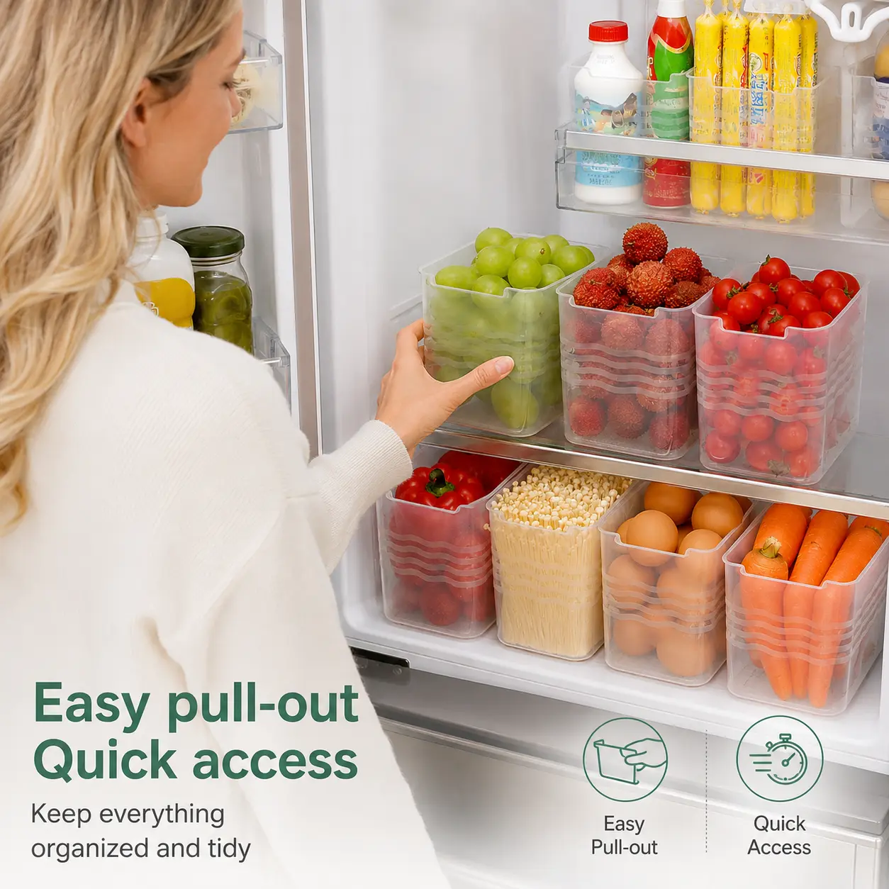 2 Counts, Transparent Fridge Storage Organizer Bins, Food Grade PP Stackable Pull-out Containers for Kitchen Refrigerator Food Fruits Vegetables Storage