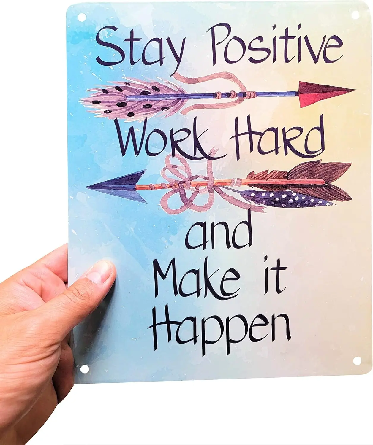 Motivational Signs for Home & Office, 10.5 x 8.5 'Stay Positive, Work Hard & Make It Happen' Inspirational Signs, Inspirational Wall Art Tin Signs w/Motivational Quotes, Cute Inspirational Wall Signs