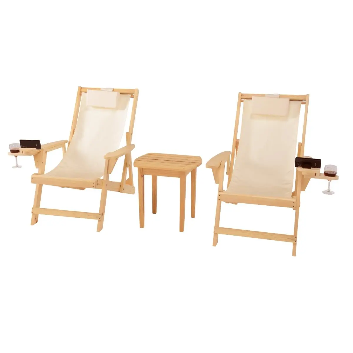 W Unlimited 2117NC-BG-CH2ET Romantic Collection Outdoor Folding Canvas Sling Chairs with 1 Wood End Table, Interchangeable Cup Holder, Lounging Unisex Outdoor Furniture Set