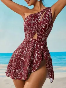 Summer Vacation Blue & White Printed 1-Piece Tummy Control Swimdress