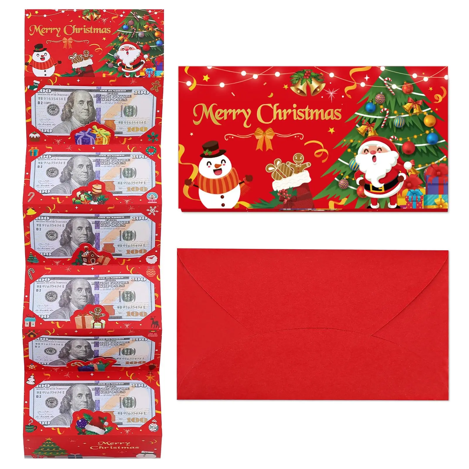 Christmas Santa Foldable Red Envelope, Gold Foil 6-Pocket DIY Dollar Cash Holder, Creative Holiday Money Gift Packet