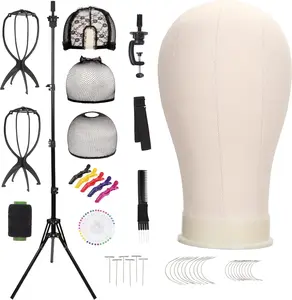 22'' Canvas Wig Head with 61'' Adjustable Tripod Stand, Mannequin Head Set for Styling, Display – Includes Caps, Elastic Bands, Stand & Tool Kit for Beginners and Professionals