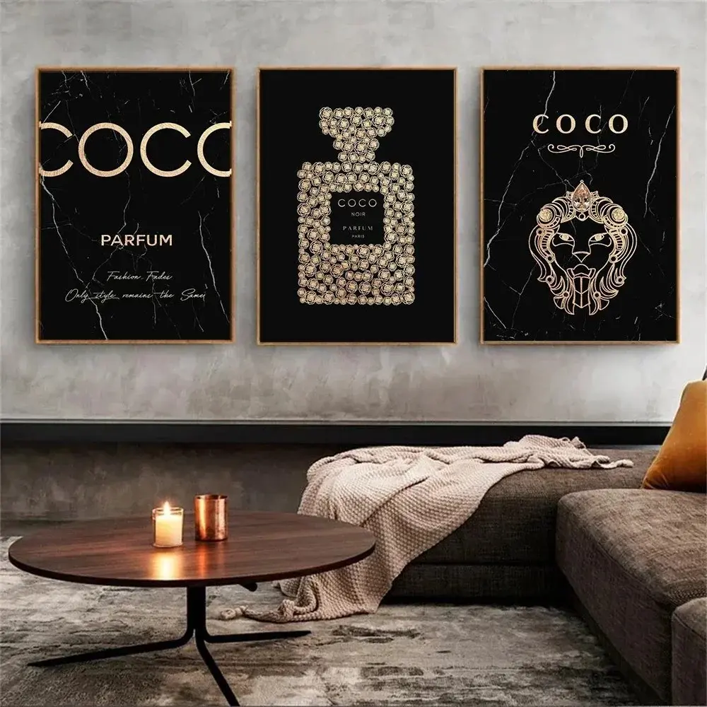 3pcs/set Frameless Fashion Luxury Coco Perfume Bottle Poster Print Canvas Painting Nordic Trendy Wall Art For Modern Lady Bedroom Home Decor Modern Home Decoration Cuadros Decorative Wall Art