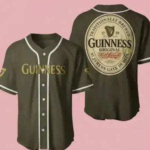 Army Green Guinness Baseball Jersey Men Women Oversized Streetwear Sports Shirt Team Jersey Fan Outfit Unisex Casual Top