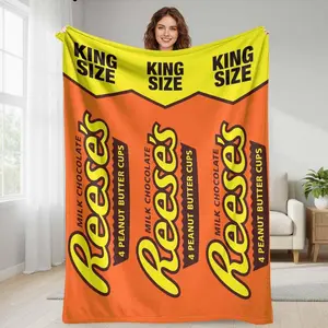 Peanut Butter Chocolate Candy Print Flannel Blanket  Bright Orange and Yellow Retro Snack Wrapper Pattern  Ultra Soft Warm Cozy Lightweight Texture for Sofa  Bedroom  Living Room  Office  Gift  Travel  Lounge Decor