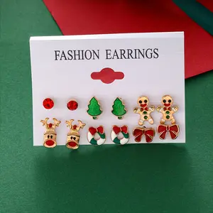 6-Pair Festive Christmas Earring Set - Elegant & Cute 14K Golden Plated Alloy with Synthetic Zirconia - Holiday Fashion Jewelry for Daily & Seasonal Celebrations