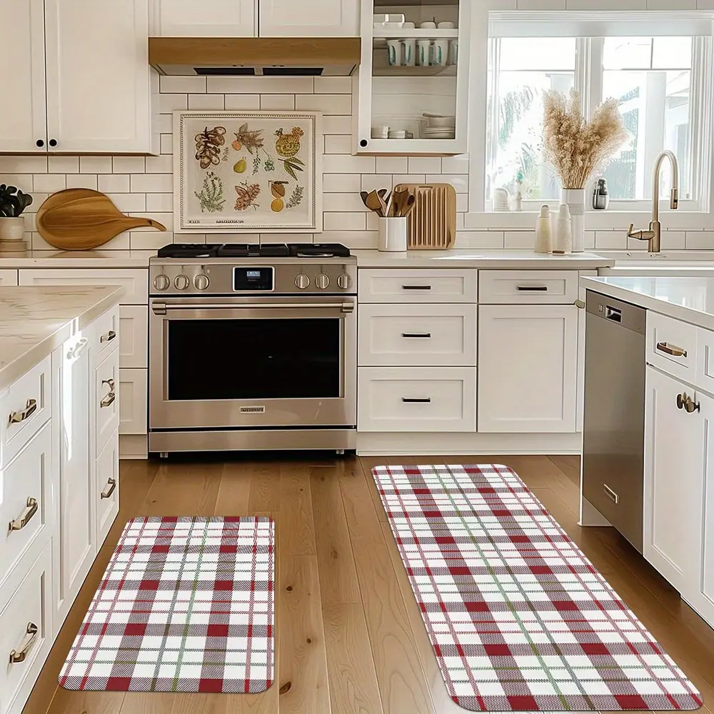 2/3pcs Christmas Kitchen Set Mat, Christmas Plaid Pattern Mat, Non-Slip Washable, Cushioned Kitchen Mat, Flannel Material, Slip-, Soft, Comfortable, and Easy to Clean, Suitable for Bedroom, Living Room, Dining Room, Kitchen, Bathroom, and Entryway