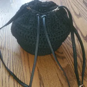 Handmade Crotcheted Black TShirt Yarn Purse with Drawstring Closure and Adjustable Straps