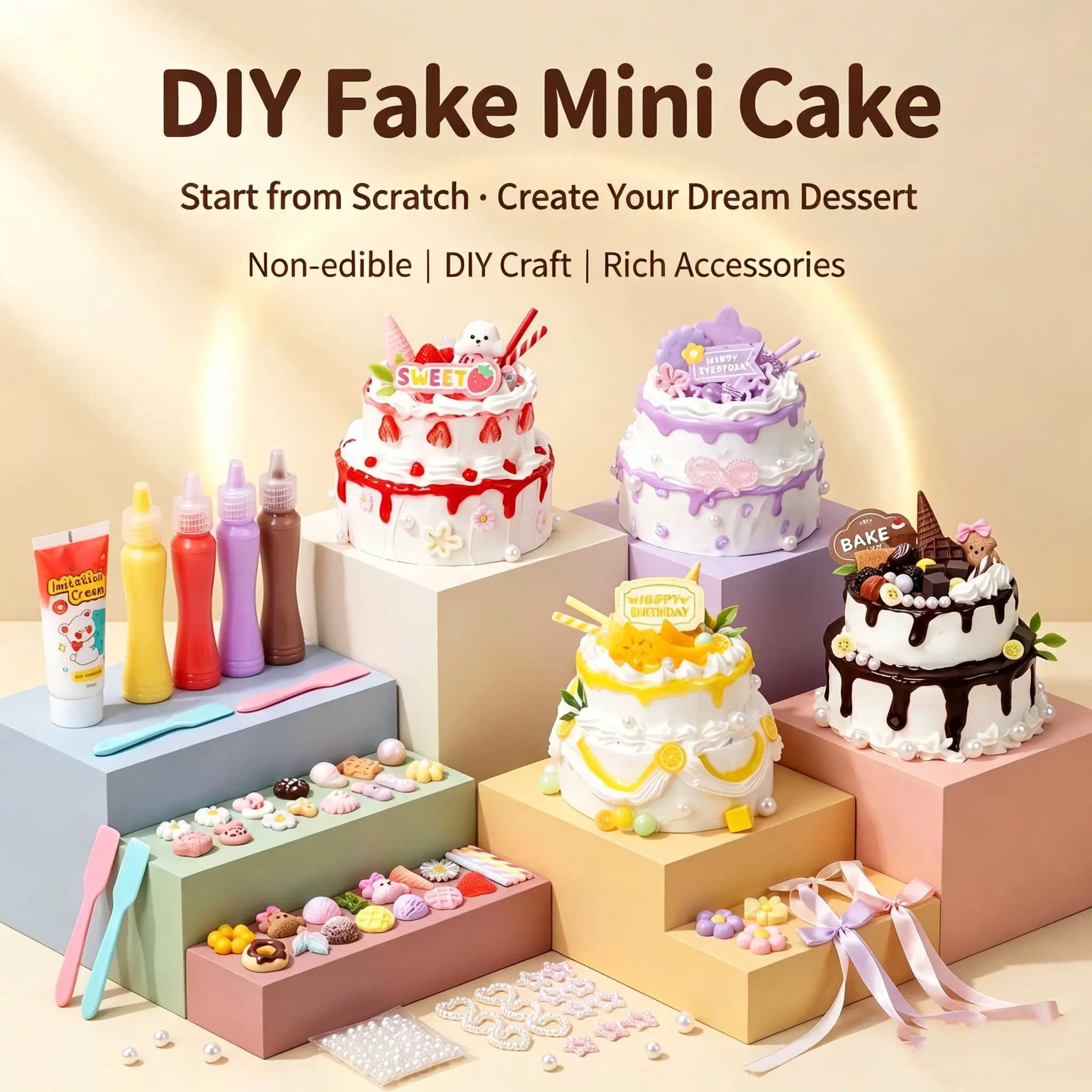 Mini DIY Cake Set, Pretend Play Simulation Toy for Kids, Handmade Food Playset, Educational Gift for Girls