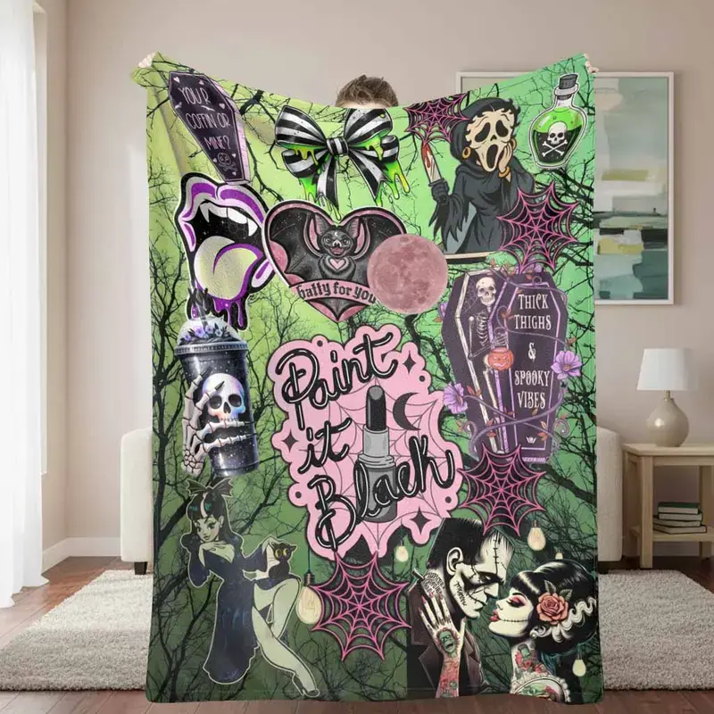 Gothic Halloween Flannel Blanket Bat Print Dark Horror Graphic Soft Throw Blankets for Bedding Couch Cover for Sofa Bedroom Living Room Home Decor Gift for Gothic Lovers