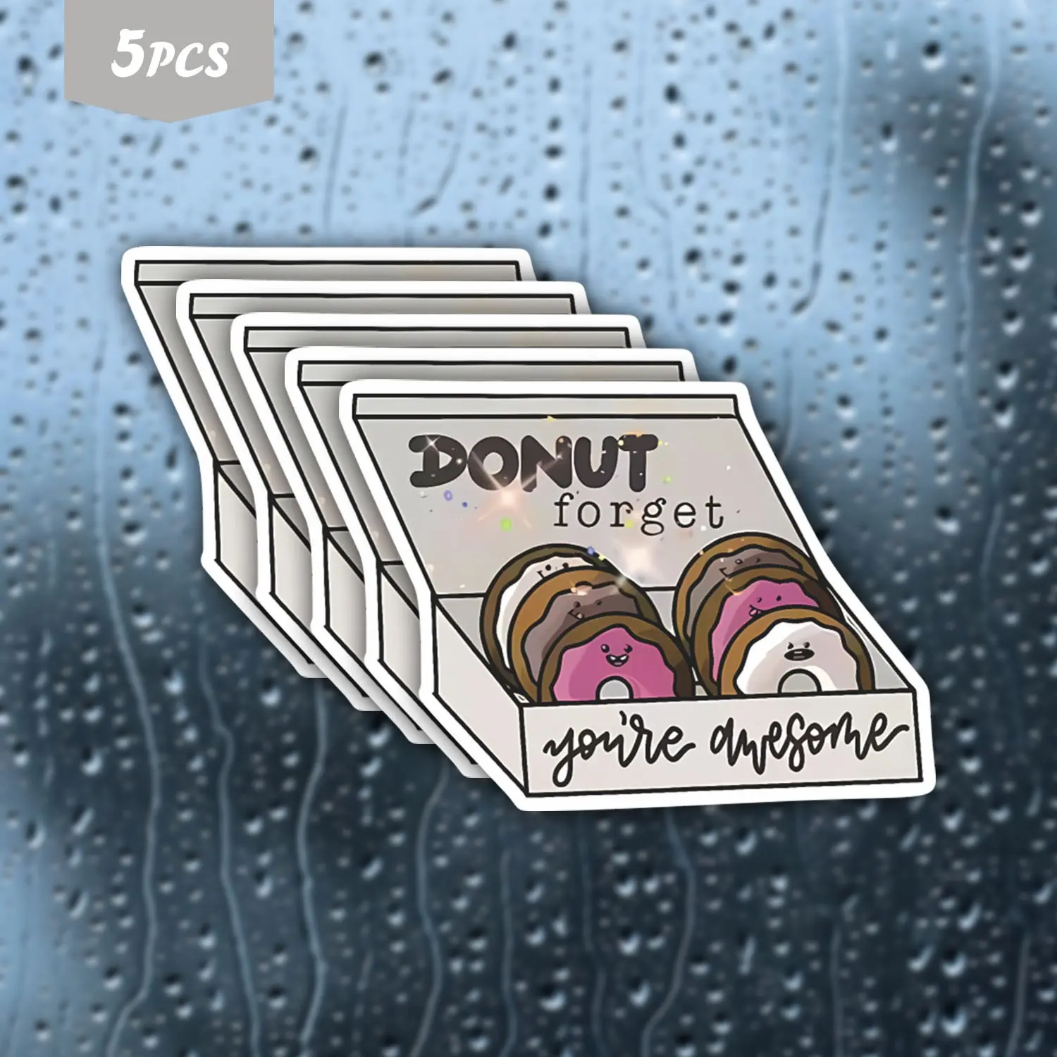 5Pcs "Donut Forget You're Awesome" Cute Donut Box Waterproof Vinyl Sticker, Sweet Pun Food Self-Adhesive Decal, Suitable For Water Bottles, Laptops, Journals, Ideal For Donut Lovers, Sweet Aesthetic Fans And Positive Vibes Enthusiasts