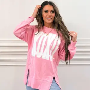 Pink Bow Sequin XOXO Letter Graphic Exposed Seam Baggy Sweatshirt