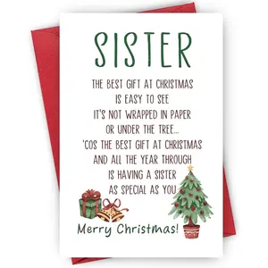 1pc Heartfelt Christmas Card for Sister, Paper Material with Envelope, Sweet Poem "The Best Gift is Having a Sister as Special as You" with Gift Box and Tree Illustrations, Warm Holiday Greeting for Beloved Sister, Positive Message Card
