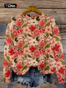 Women's Floral Print Long Sleeve Crew Neck Sweater Tops, Casual Round Neck Jumper for Fall & Winter, Fashion Aesthetic Ladies' Knitwear for Daily Wear, Womenswear
