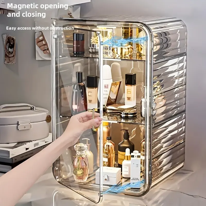 Makeup Cosmetics Storage Rack, Perfume Display Cabinet, Visable Design, Multi-layerDurable Sturdy, Dust-proof, Magnetic Door And Detachable Partition, Height Adjustable, Suitable for Acrylic Dresser, Bathroom, Home Storage, Festival Decorat Boxes