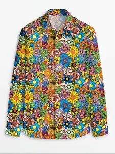 Men's Vintage Disco Hip Hop Long Sleeve Fitted Shirt, Bright Colors Floral Print Button Casual Streetwear Party Wear, Bohemian Style Holiday Top