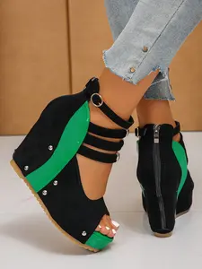 Elegant Suede Women's Thick Sole High Heel Shoes, Breathable Ankle Strap, Unique Square Toe Design, Fashion Wedge Platform Mules for All Seasons