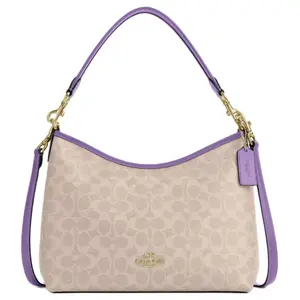 COACH Laurel 31 Monogram Coated Canvas Tote Crossbody Shoulder Bag for Women, Beige and Purple