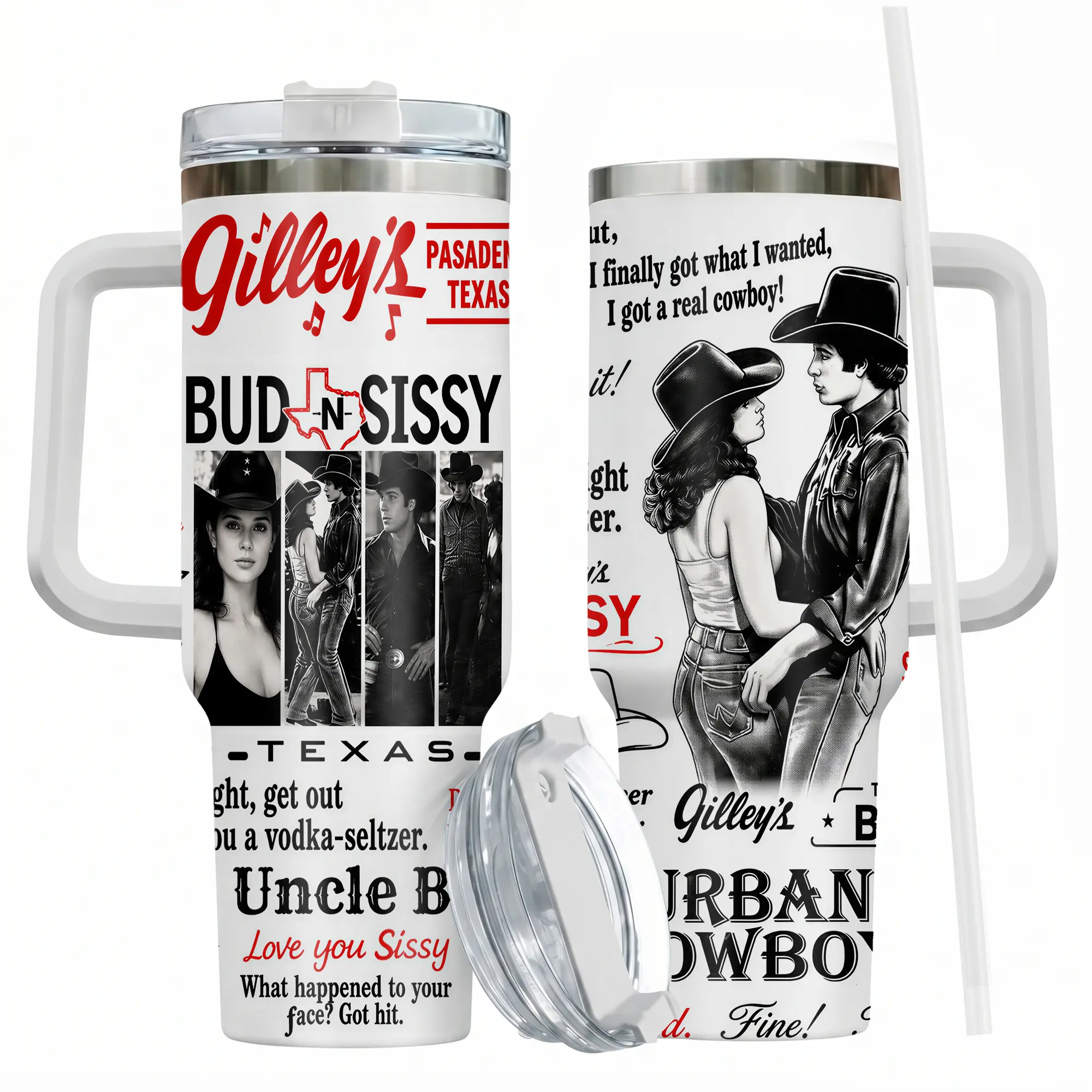 Urban Cowboy Inspired Tumbler 40oz , Bud And Sissy Western Movie Fan Cup, Gilley’s Pasadena Texas Country Romance Drinkware, Cowgirl Gift, Not Including The Straw Water Bottles
