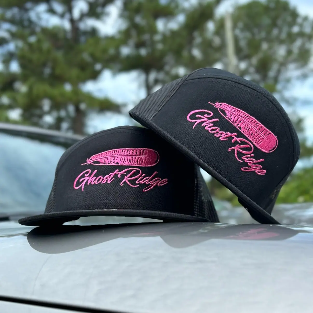 Black Richardson 168 7 Panel Pink Feather Hat Snapback Ghost Ridge