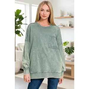 Zenana Front Pocket Acid Washed Raw Edge French Terry Pullover