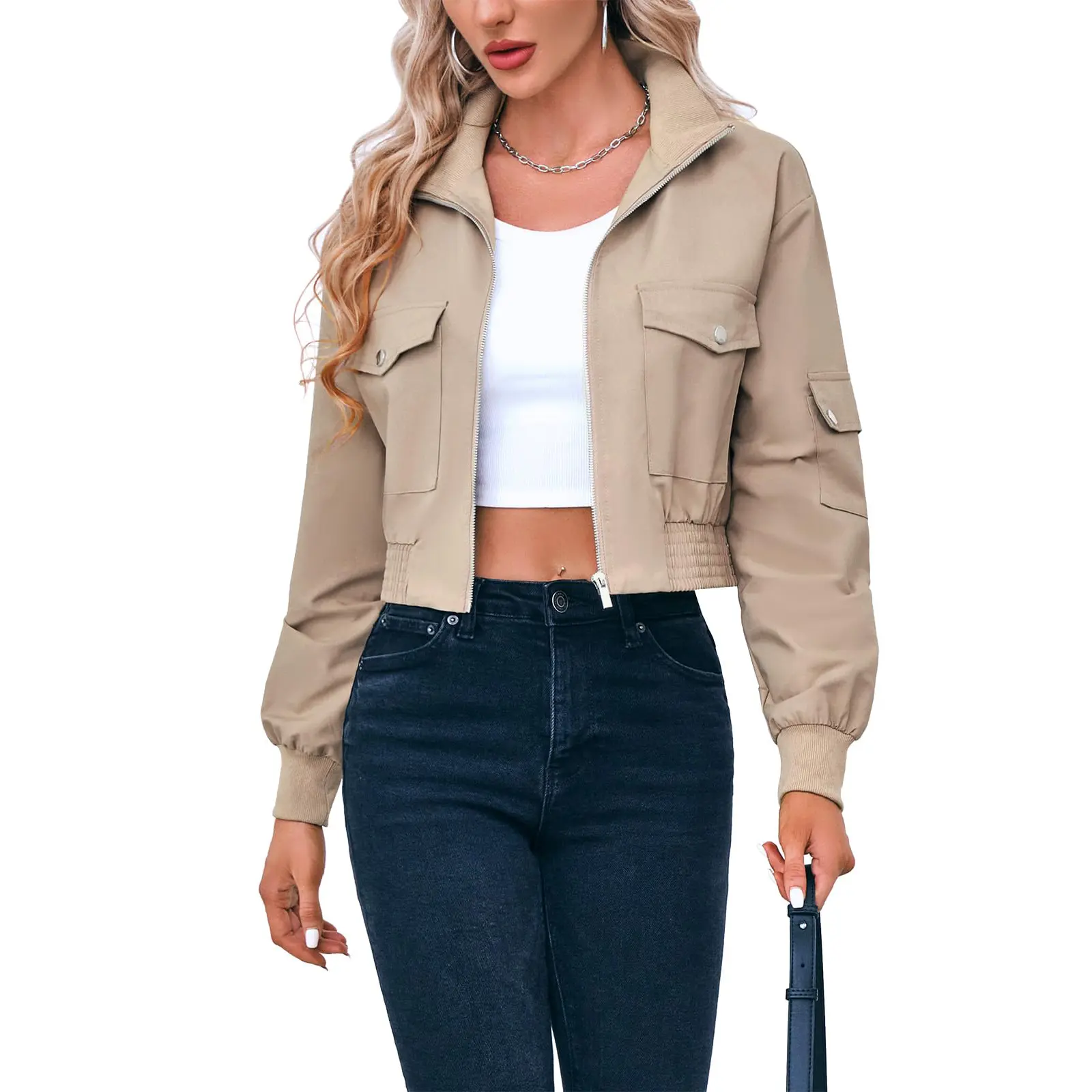Women's Streetwear Cropped Bomber Jacket - Long Sleeve, Zip-Up, Stand Collar, Pocketed Tops with Minimalist Fabric for Everyday Wear, Athletic