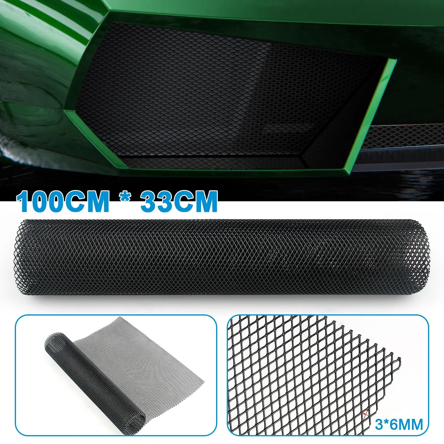 Universal 40"x13" Car Grill Mesh,Black Painted Aluminum Alloy Grille Mesh Roll,Fit for Bumper,Hood Vent,Vehicle Opening. (Black/Silver, 3x6mm Rhombus)