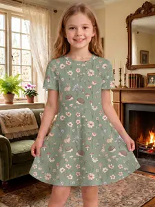 Girls Woodland Bunny & Hedgehog Print Short Sleeve Dress, Sage Green Mushroom Floral A-Line Dress, Soft Polyester Cottagecore Casual Dress, Kids Nature Theme Clothes, Age 3-12