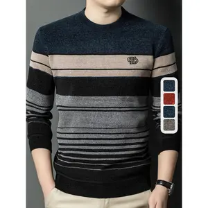 Men's Winter Thermal Fleece-Lined Striped Sweater - Thickened Warm Pullover with Embroidered Logo, Casual Round Neck Long Sleeve Knit Top, Machine Washable (Black/Brown/Beige), Cold Weather Apparel, Ribbed Texture, Comfortable Fit Knitwear Menswear