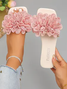 Women's Floral Elegant Beach Slippers, Casual PU Leather Flat Sandals, Classic Open-Toe Shoes for Vacation, Travel, Shopping, Spring Summer