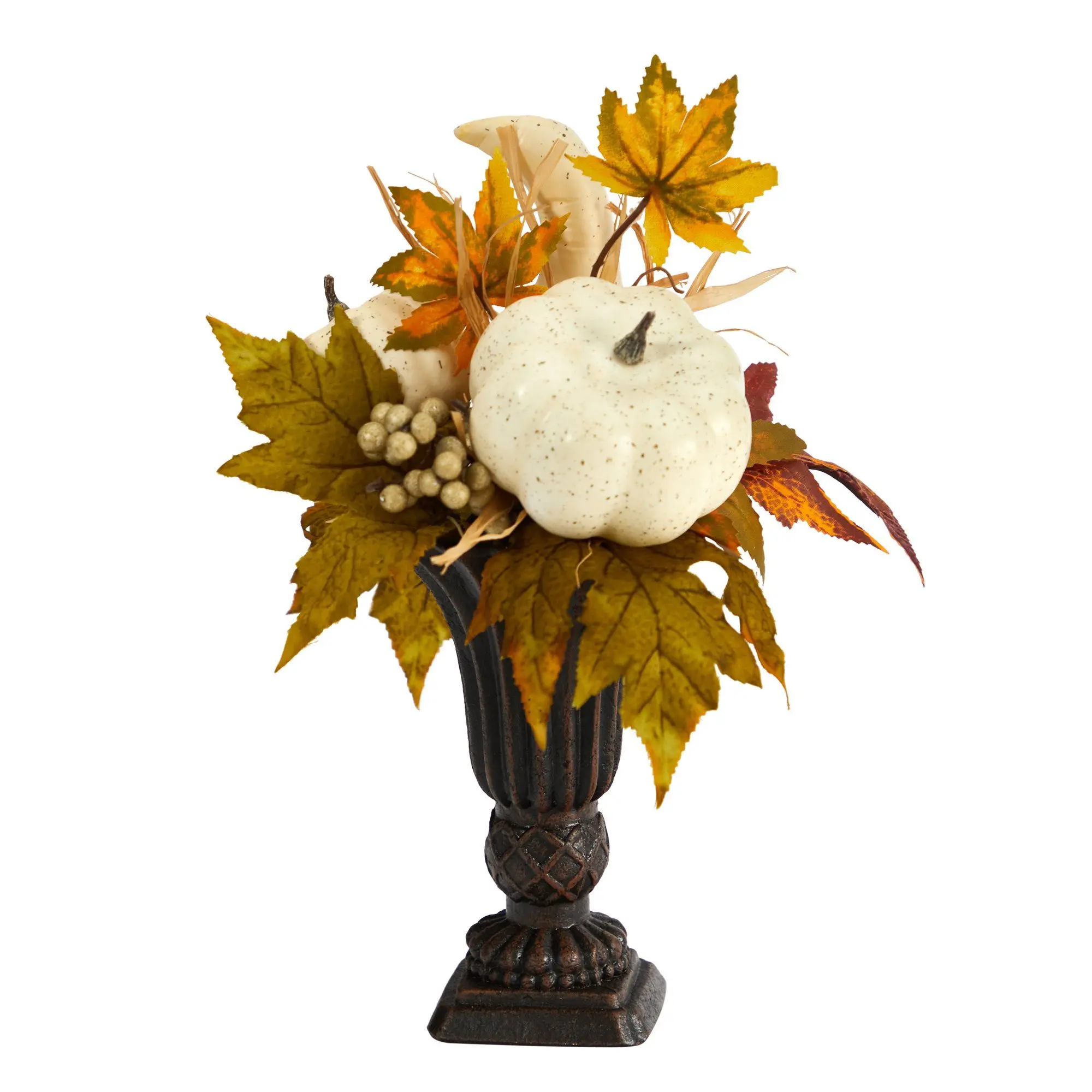 13” Faux-Pumpkin Fall Arrangement with Berries and Flowers in Decorative Urn, Home Decoration for Indoor Spaces