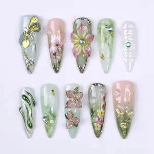 007-Press On Nails Dragonfly with Pink Flower 3D Nature Fake Nails in Long Almond Handmade Spring Nail Art for Holiday Vacation Birthday