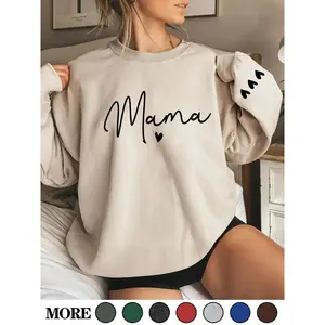 Women's cartoon mother letter and heart-shaped printed pullover sweatshirt, autumn and winter casual long sleeved round neck pullover, women's daily clothingRAIMENTRY
