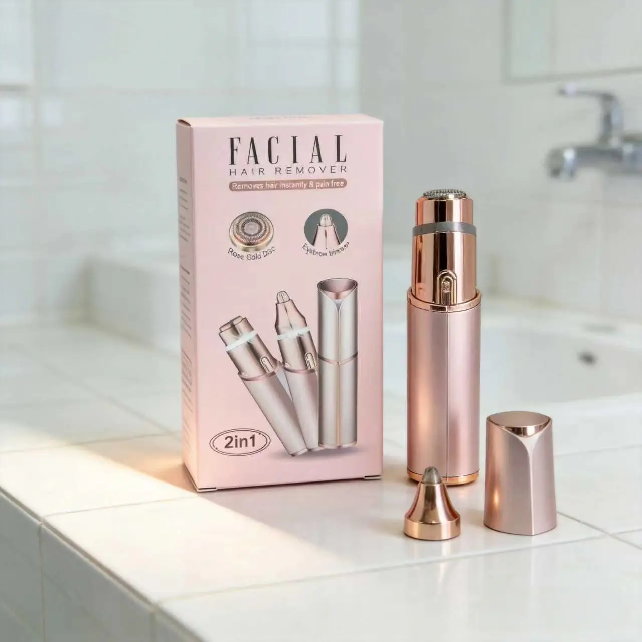 Women's 2-in-1 Mini Lipstick-Shaped Battery-Operated Facial Hair Remover - Rose Gold ABS Plastic, Painless Shave, Quiet Operation, Precision Groomer, Portable Single Unit Travel Beauty Appliance for Eyebrows, Upper Lip, Cheek Peach Fuzz