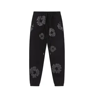 Men's Streetwear Sweatpants, Casual Elastic Waist Jogger Pants with Floral Print, Hip Hop Tapered Track Pants with Pockets, Black, for Daily Wear